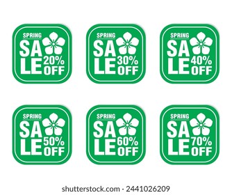 Spring sale stickers green set. Sale 20%, 30%, 40%, 50%, 60%, 70% off discount. Vector illustration