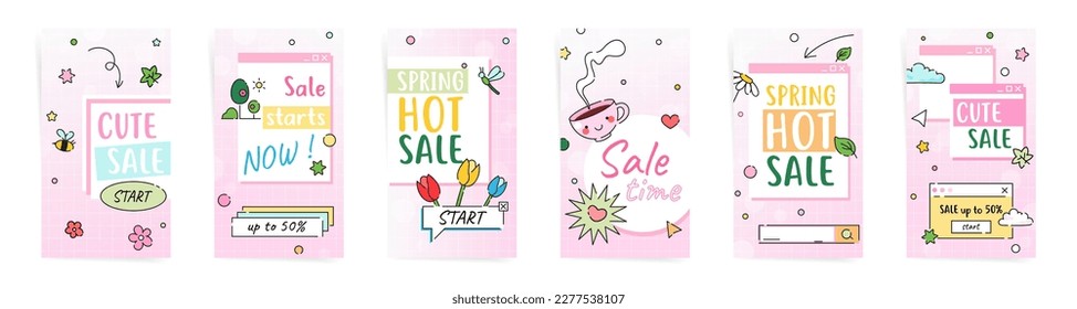 Spring sale stories design template set. Modern cute y2k banners for promo cards, 50% coupon backgrounds, social media discount posts. Vector pink illustration set.