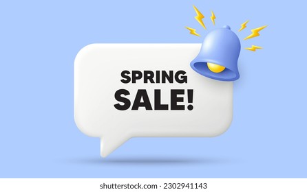 Spring Sale tag. 3d speech bubble banner with bell. Special offer price sign. Advertising Discounts symbol. Spring sale chat speech message. 3d offer talk box. Vector