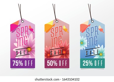 Spring sale tag 75%, 50% and 25% with beautiful flowers. Can be used as price tags.