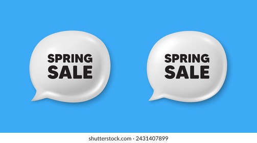 Etiqueta de venta de primavera. Iconos 3d de la burbuja del discurso del chat. Signo de precio de oferta especial. Símbolo de descuentos publicitarios. Oferta de chat de venta de primavera. Conjunto de banners de burbuja de voz. Globo de cuadro de texto. Vector