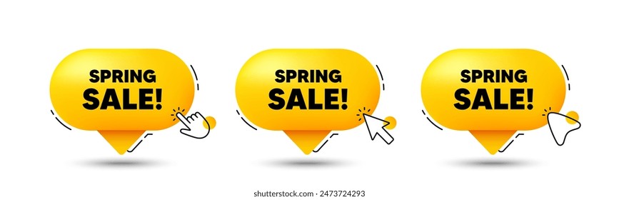 Etiqueta de venta de primavera. Hacer clic aquí Botones. Oferta especial Precio de señal. Símbolo de descuentos publicitarios. Mensaje de chat de burbuja de discurso de venta de primavera. Infografías de las tertulias. Vector
