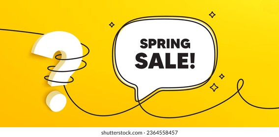 Etiqueta de venta de primavera. Banner continuo de chat de línea. Señal de precio de oferta especial. Símbolo de descuentos publicitarios. Mensaje de la burbuja del discurso de la venta de primavera. Icono de pregunta 3d envuelto. Vector
