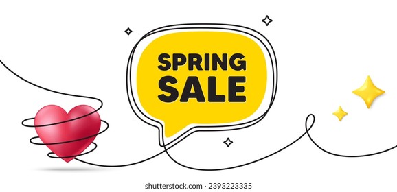 Spring Sale tag. Continuous line art banner. Special offer price sign. Advertising Discounts symbol. Spring sale speech bubble background. Wrapped 3d heart icon. Vector