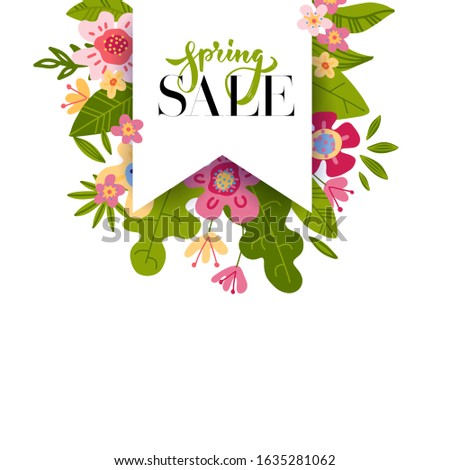 Spring sale tag label with text and brush lettering drawing. Vector illustration of abstract flowers and leaves, easy editable. Bachground with paper flag