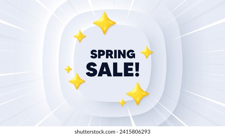 Spring Sale tag. Neumorphic banner with sunburst. Special offer price sign. Advertising Discounts symbol. Spring sale message. Banner with 3d stars. Circular neumorphic template. Vector