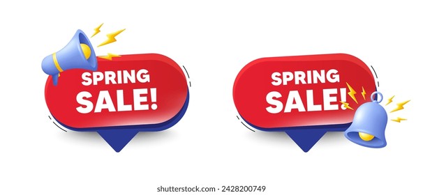 Spring Sale tag. Speech bubbles with 3d bell, megaphone. Special offer price sign. Advertising Discounts symbol. Spring sale chat speech message. Red offer talk box. Vector