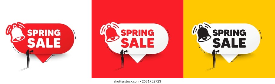 Spring Sale tag. Speech bubbles with bell and woman silhouette. Special offer price sign. Advertising Discounts symbol. Spring sale chat speech message. Woman with megaphone. Vector