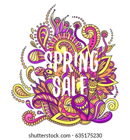 Spring sale template. Abstract doodle with floral motifs and ornament. Vector hand drawn pink doodle with flowers.