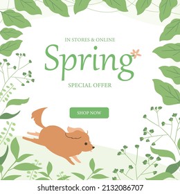 Spring sale template with beautiful flower and cute dog.