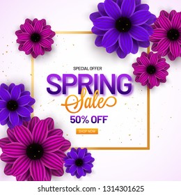 Spring sale template or flyer design decorated with beautiful flowers.