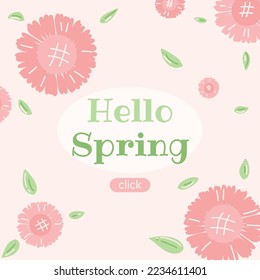 Spring sale template with pink daisy, green leaves and word 'Hello Spring'. Hand drawn flat vector illustration isolate on color background. 