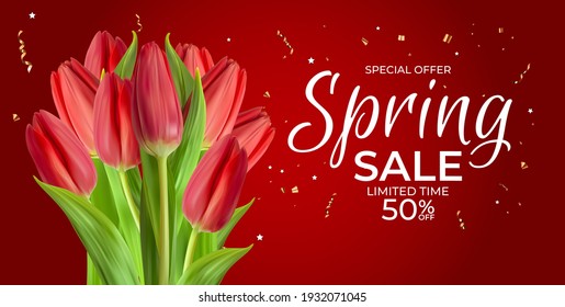 Spring Sale Template Poster Background with realistic Tulip Flower. Vector Illustration EPS10