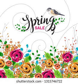 Spring sale template or poster design with stylish of Spring on colorful flowers decorated background.
