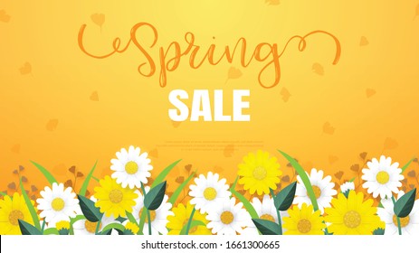 Spring sale template with shasta disy on orange background.illustration banner for advertising and web sites.