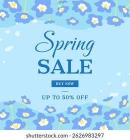 Spring Sale template vector design. Nemophila or baby blue eyes flowers field background