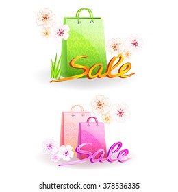 Spring sale text and colored shopping bag on a white background, bright colors and light shades.