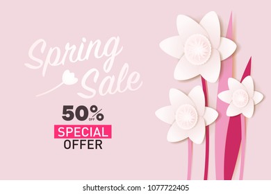 Spring sale text design with flowers and sale special offer. Vector illustration, typography sale concept. Spring sale banner on pink background in paper art style. Template for a poster, cards.