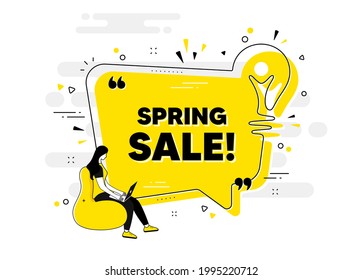 Spring Sale text. Idea chat bubble banner with person. Special offer price sign. Advertising Discounts symbol. Spring sale chat message lightbulb. Idea light bulb people background. Vector