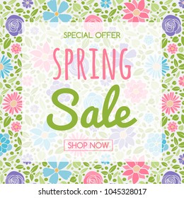 Spring Sale - text on background with flowers. Concept of a poster. Vector. 