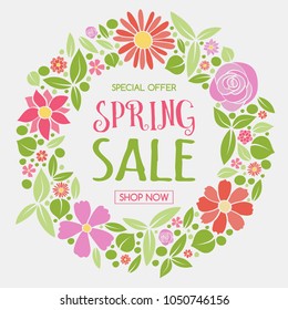 Spring Sale - text on background with flowers. Concept of a poster. Vector. 