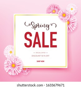 Spring sale text paper background with beautiful colorful flowers. Template for banners, Wallpaper, flyers, invitation, posters, brochure, and voucher discount. Vector illustration
