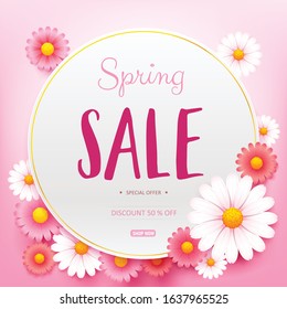 Spring sale text paper background with beautiful colorful flowers. Template for banners, Wallpaper, flyers, invitation, posters, brochure, and voucher discount. Vector illustration
