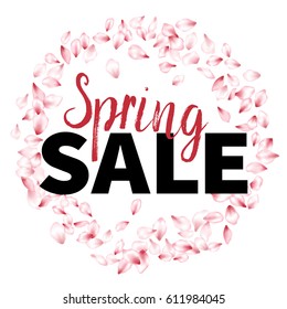 Spring sale text in round frame. Flying flower blossom petals pattern on white background. Seasonal give away, sell-out banner, flyer design. Black and pink lettering.