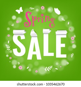 Spring Sale Text With Torn Paper With Gradient Mesh, Vector Illustration