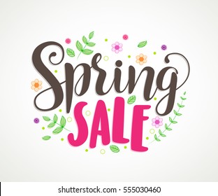 Spring sale text vector typography banner design with colorful flowers and leaves elements in white background for spring discount promotion. Vector illustration.
