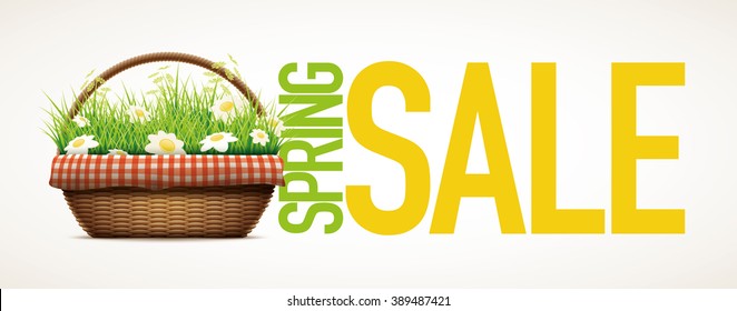 Spring Sale themed design template.Vector illustration of realistic wicker basket. grass and daisy flowers in wicker basket.  Elements are layered separately in vector file.