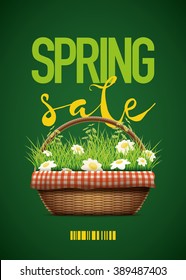 Spring Sale themed poster template.Vector illustration of realistic wicker basket. grass and daisy flowers in wicker basket.  Elements are layered separately in vector file.