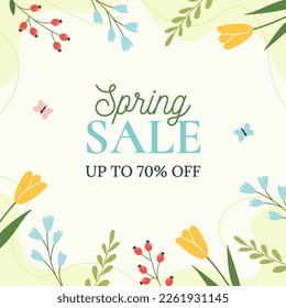 Spring Sale. Trendy floral green background. Minimalistic style with floral elements. Vector template for a postcard, banner, invitation, social media post, poster, mobile applications.