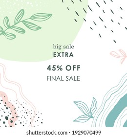 Spring. Sale. Trendy herbal abstract art template. Suitable for social media posts, mobile apps, banners design. Vector fashion backgrounds. Leaves and plants. Spring holidays.