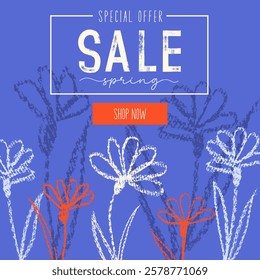 Spring sale. Trendy square template with marker drawn lettering and  flowers. Great for spring seasonal promotion and discount.