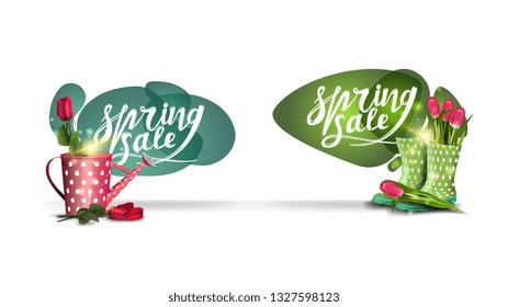 Spring sale, two fluid color badges template with tulips in women's rubber boots and rose in the watering can