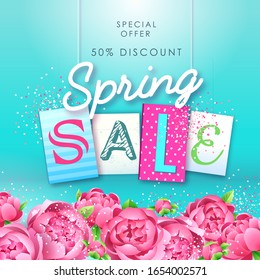 Cartel de tipografía de la venta de primavera con flores de pión de flores. Fondo de primavera