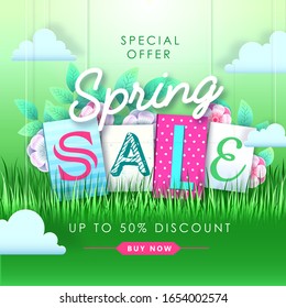 Spring sale typography poster with full blossom flowers. Spring background