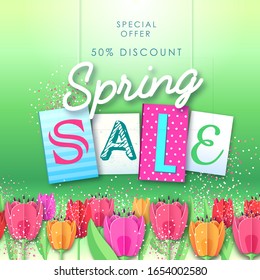 Spring sale typography poster with full blossom flowers. Spring background