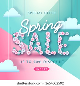 Spring sale typography poster with full blossom flowers. Spring background