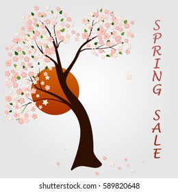 Spring sale. Vector abstract illustration of decorative Japanese cherry blossom tree - sakura against red sun. Isolated on grey background. Oriental poster with shadows. Asia concept. Eps 10.