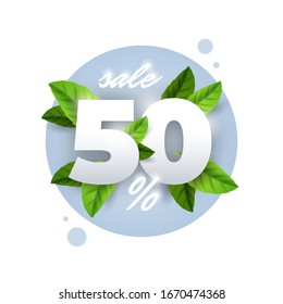 Spring sale vector badge banner template. Fresh green leaves on color background. Discount icon or price off sign. Big mega sale special offer design. -50% sale