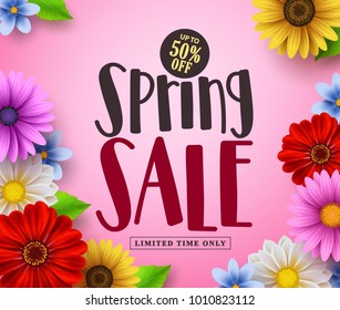 Spring sale vector banner design with text and colorful flowers like daisy and sunflower in pink floral background for spring season discount promotion. Vector illustration.
