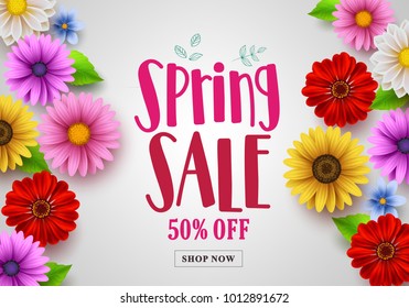 Spring sale vector banner design with template background of various colorful flowers like daisy, sunflower and other elements for spring season discount promotion. Vector illustration.
