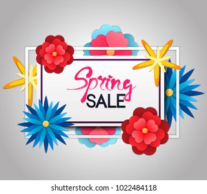 Spring sale vector banner design with colorful flowers in paper cut, origami style.Square label with shadow and different colors.Card for spring season.