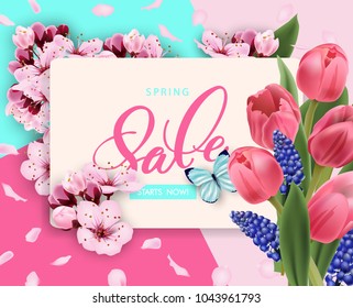 Spring sale vector banner design with flowers Cherry and frame. Spring sale with Cherry blossoms background
