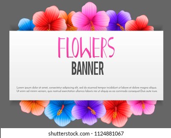 Spring sale vector banner design with colorful realistic hibiscus flowers in gradient mesh.Square label with shadow.Card for spring season. Vector illustration