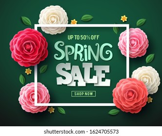 Spring sale vector banner design. Spring sale text with colorful camellia flowers, leaves and frame in green background. Vector illustration.
