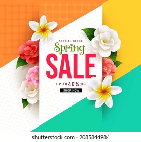 Spring Sale Vector Banner Design. Spring Sale Text Special Offer Up To 40% Off With Camellia And Plumeria Flowers Decoration For Seasonal Discount Promo Advertising. Vector Illustration.
