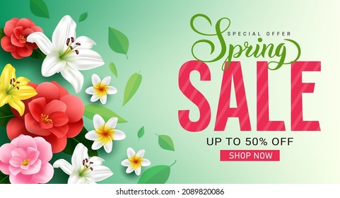 Spring sale vector banner design. Spring sale text special offer up to 50% off with flowers and leaves bloom elements for seasonal business clearance discount promotion. Vector illustration.
